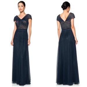 Tadashi Shoji Tulle Twist Formal Maxi Gown Navy Cap Sleeve Mother Of Bride SZ 14